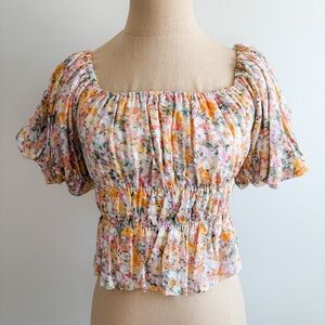 Altar'd State Smocked Puff Sleeve Cropped Floral Top